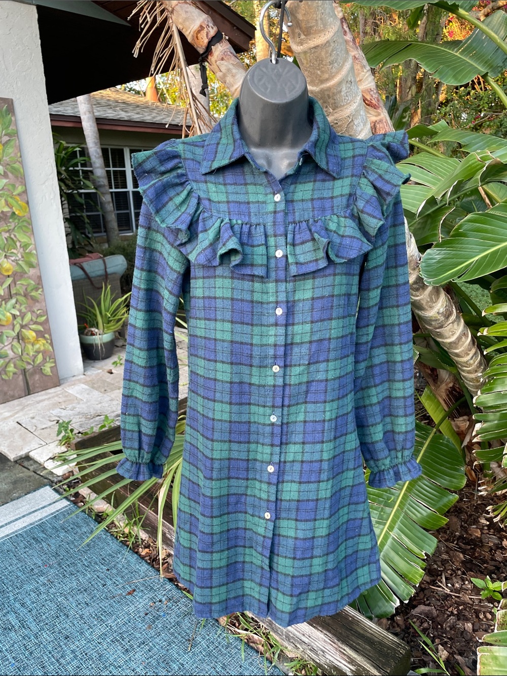 Ruffled Plaid Long-Sleeve Shirt Dress in Blue-Green
